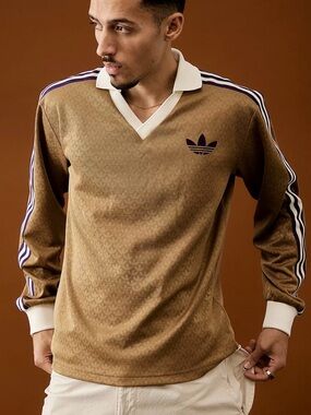 Rare Adidas Originals LS Collared Jersey in Brown Desert Monogram Trefoil, sz XL